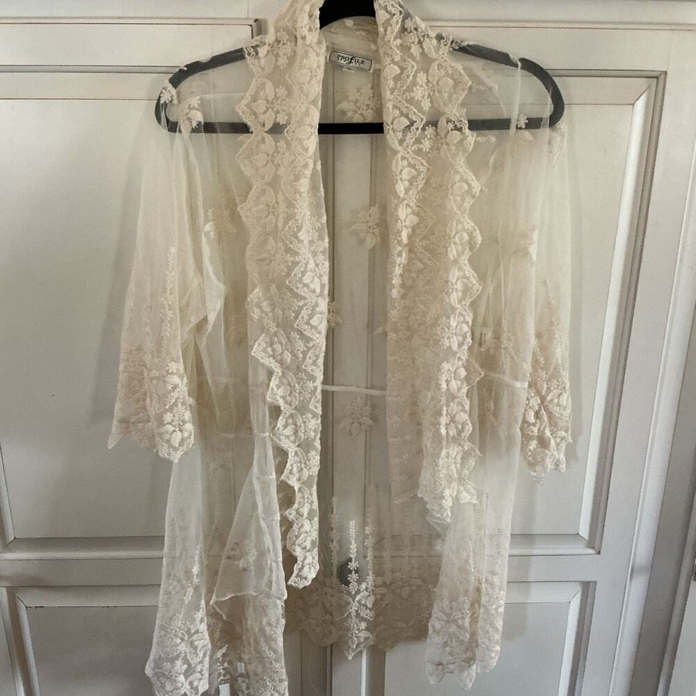 Profile Apparel Open Front Intricate Shear Lace Kimono Duster Sz M Cream